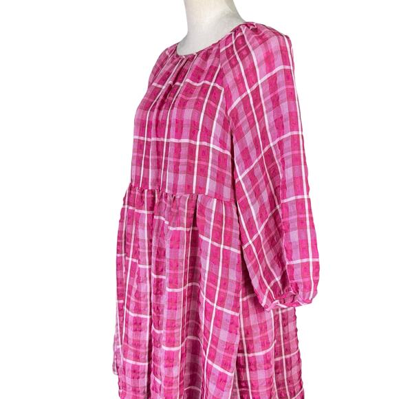 Madewell Azalea Pink & White Plaid Shirred Pockets Babydoll Summer Mini Dress - Picture 8 of 14